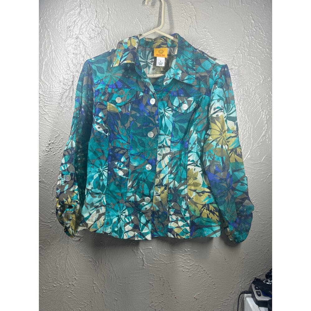Ruby Rd Woman’s Lightweight Jacket Tropical 3/4‎ tab Sleeves Teal Gold Size 6